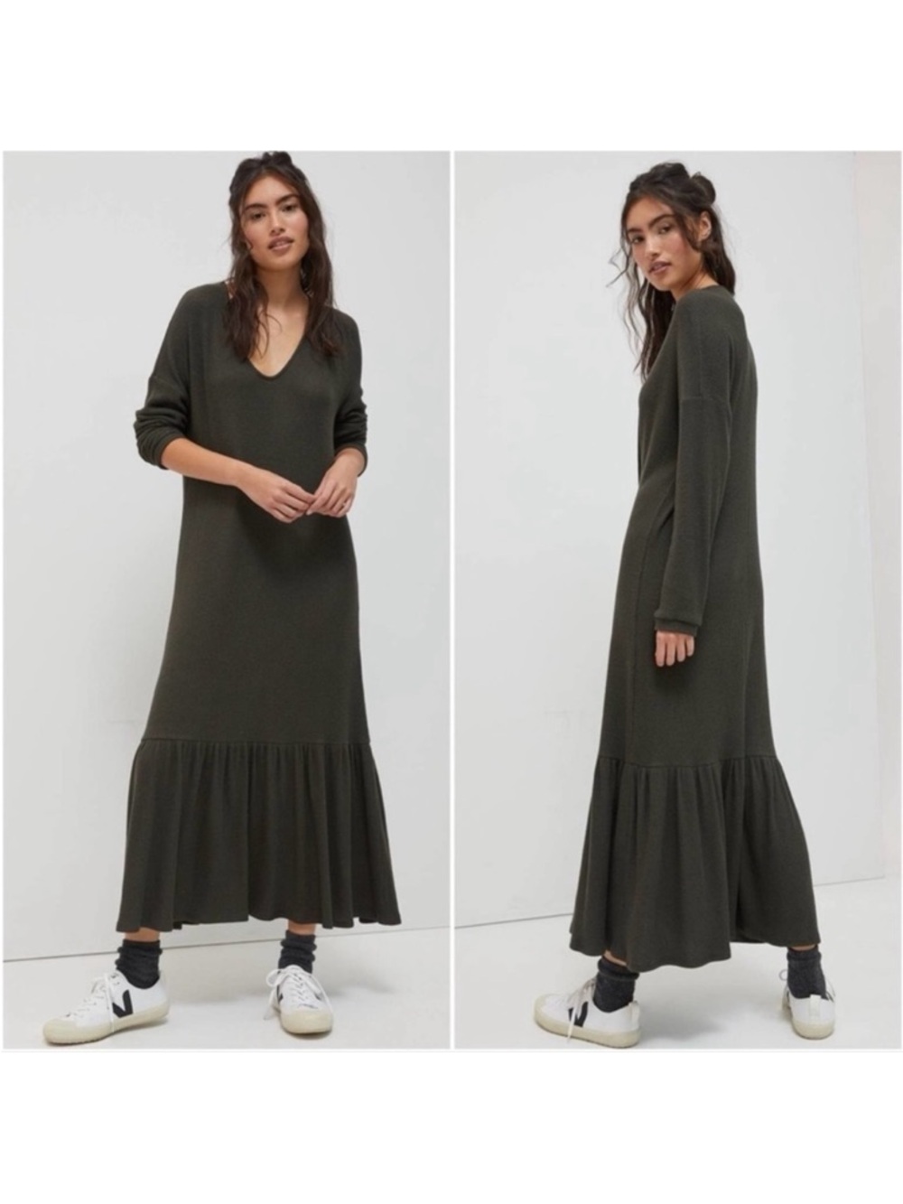 Saturday Sunday x Anthropologie Taylor Flounced Ribbed Midi Dress in Carbon